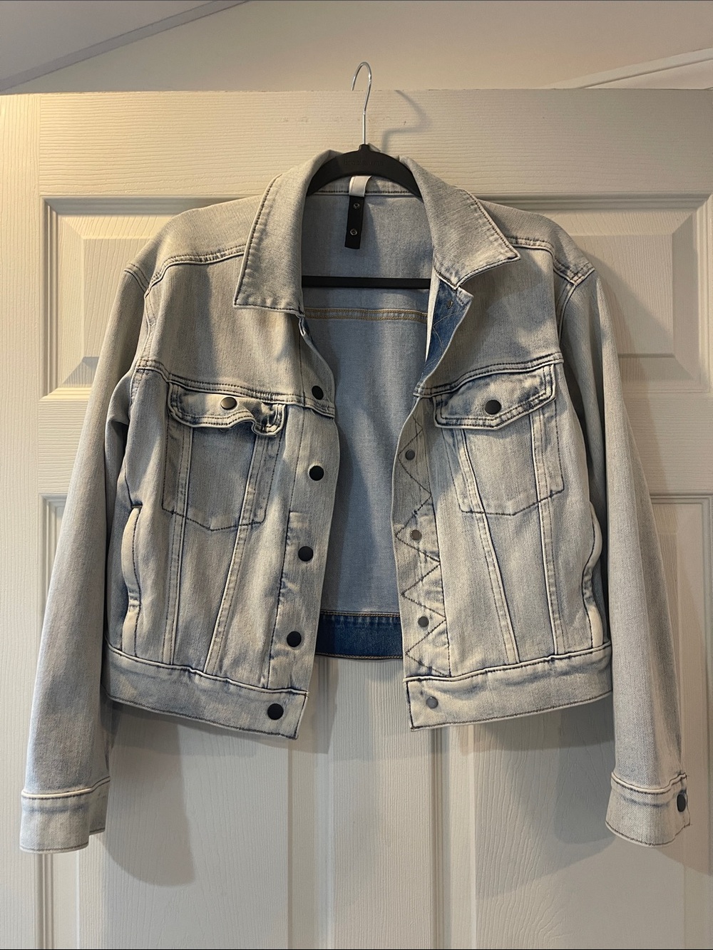 Athleta Light Wash Denim Jacket with Black Hoodie Insert